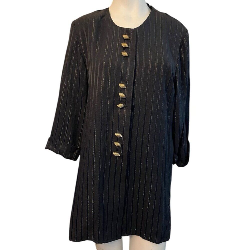 Womens Size 12 XL Elegant Black And Gold Button Front Long Blouse Vintage USA